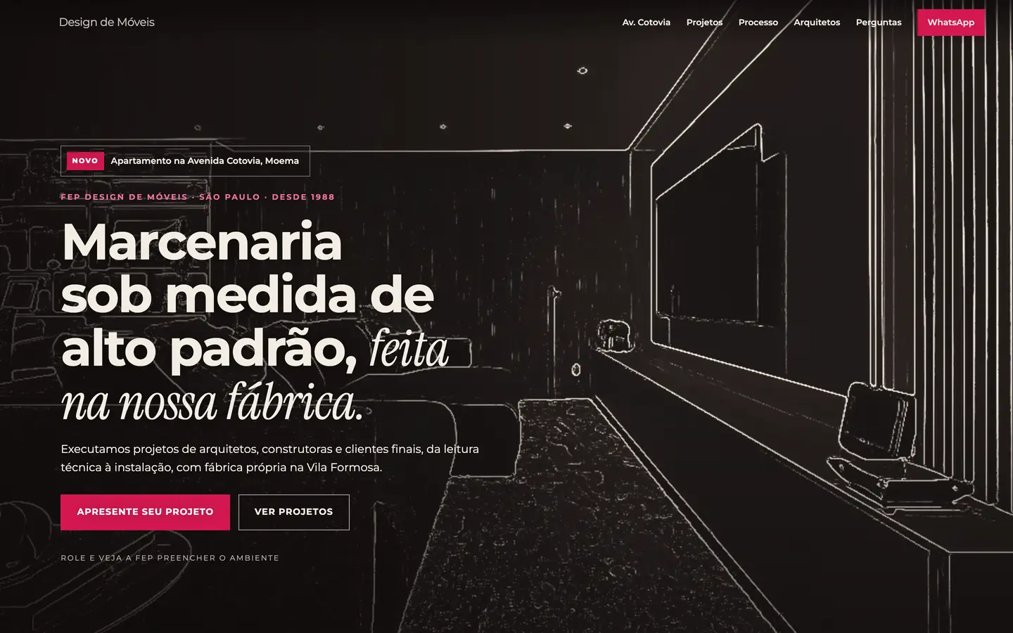 Primeiro quadro do site FeP Design de Móveis, antes do scroll